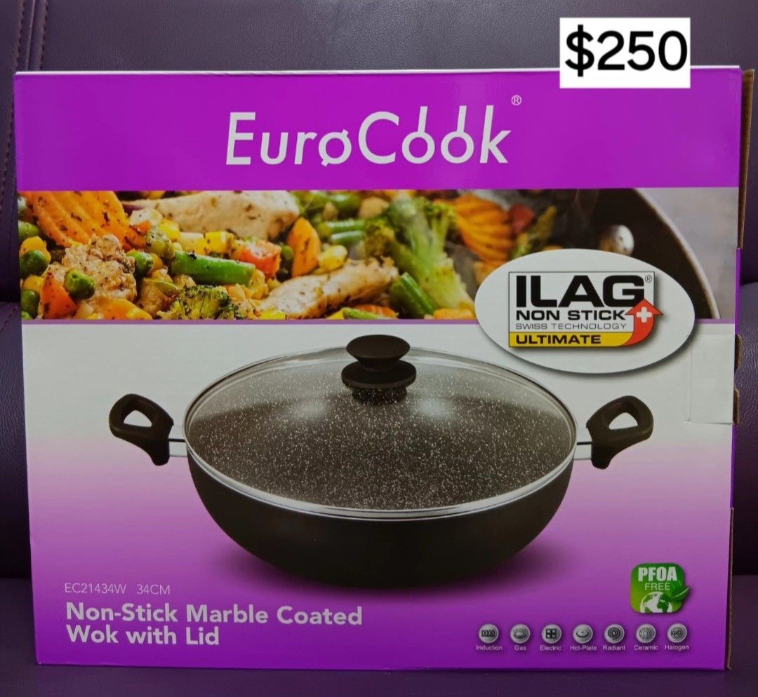 (只限將軍澳地鐵站)EURO COOK 34×9.5cm 黑色雲石紋易潔雙耳鍋連玻璃蓋